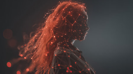 A captivating portrait of a woman silhouetted with vibrant digital connections and glowing lights, representing the fusion of humanity and technology in art.の素材