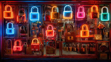 This captivating image showcases a vibrant display of colorful neon locks in a store window, creating a striking urban aesthetic. Perfect for themes of security and creativity.の素材