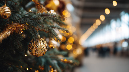 A beautifully captured close-up of gold Christmas ornaments on a tree, creating a warm festive atmosphere with blurred lights in the background. Perfect for holiday themes.の素材
