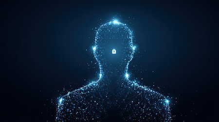 A digital silhouette with a glowing lock symbol illustrates the concept of cyber security and identity protection, focusing on modern technology themes.の素材