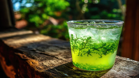 A vibrant green drink served with ice and herbs on a rustic wooden surface, capturing the essence of refreshment and nature in a serene setting.の素材
