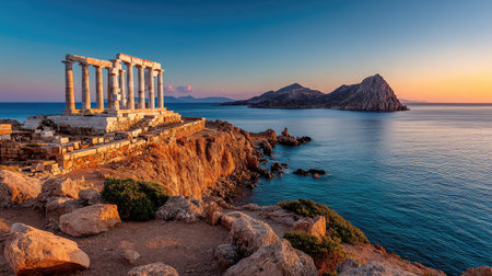 Capture a stunning view of ancient temple ruins against a serene seascape. The vibrant colors of sunset illuminate the landscape with a tranquil atmosphere.の素材