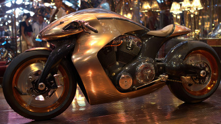 This image features a breathtaking futuristic motorcycle with a sleek metallic design. Showcasing innovative engineering and artistry, it embodies modern transport aesthetics.の素材