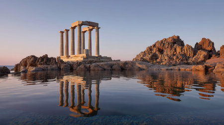 Discover the serene beauty of ancient temple ruins reflecting in calm seaside waters at sunset, showcasing the rich history and breathtaking scenery of the coast.の素材