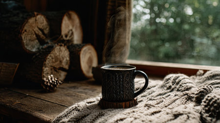 This serene image captures a steaming black mug on a rustic table beside a window, inviting warmth and comfort in a cozy indoor setting filled with natural light.の素材