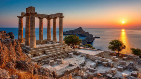 Breathtaking ancient ruins illuminated by a stunning sunset over the sea create a picturesque scene. Perfect for travel and nature photography.の素材