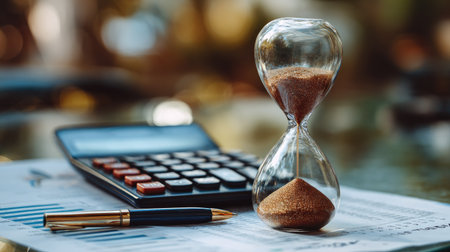 A captivating hourglass symbolizes time management in a business setting, accompanied by a calculator and pen on paper, emphasizing planning and strategy.の素材