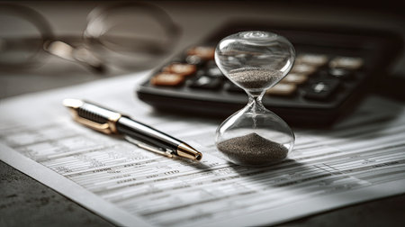 A stylish hourglass sits next to a pen on a financial document, with a calculator in the background, symbolizing time management and productivity in business.の素材