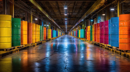 A dynamic view of colorful storage barrels arranged in a warehouse. This vibrant scene showcases an organized industrial space, emphasizing reflection and symmetry.の素材