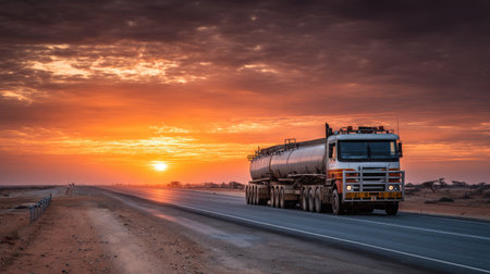 A truck travels along a deserted highway during a picturesque sunset, casting beautiful colors across the sky, highlighting the vast desert landscape.の素材