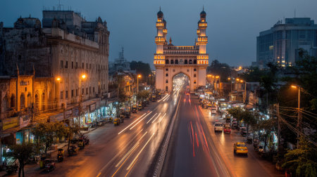 Captivating twilight view of Charminar, a historic monument in Hyderabad. The street lights illuminate the vibrant city life, showcasing rich culture.の素材