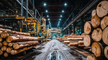 A detailed view of a lumber processing facility showing stacked logs and advanced machinery. The environment captures industrial efficiency and woodworking dynamics.の素材
