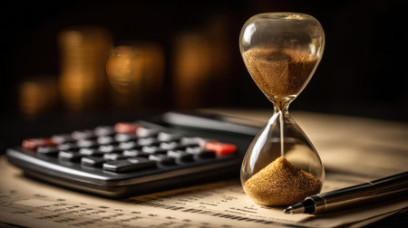 An elegant hourglass sits on financial documents, showcasing the importance of time management in business. A calculator and pen enhance the financial theme.の素材