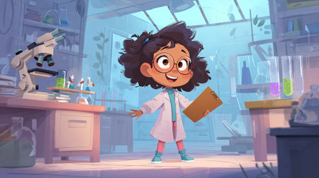 A cheerful young girl in a lab coat stands confidently in a vibrant science lab, holding a clipboard. She embodies curiosity and enthusiasm for discovery in a creative educational setting.の素材
