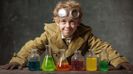 A young boy with playful goggles smiles as he mixes vibrant liquids in a laboratory setting, embodying joy and curiosity associated with science experiments.の素材