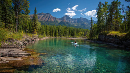 Experience the beauty of a serene river scene with kayaking amidst lush forests and majestic mountains, perfect for adventure lovers and nature enthusiasts.の素材