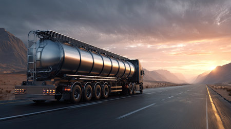 A sleek truck transporting cargo drives along a tranquil highway during sunset, highlighting the beauty of the landscape and the power of modern transport.の素材