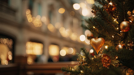 Close-up of a beautifully decorated Christmas tree showcasing golden ornaments, warm lights, and a festive atmosphere, perfect for holiday celebrations.の素材