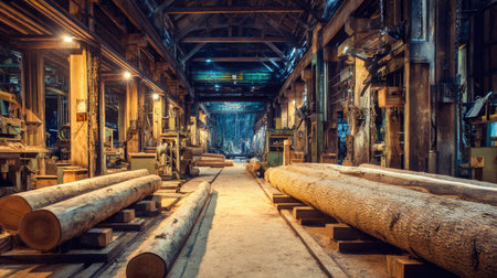 Explore a rustic lumber mill interior showcasing large logs and industrial machinery. Natural light enhances the warm ambiance, reflecting craftsmanship and heritage.の素材