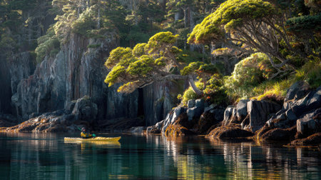 A tranquil scene featuring a lone kayaker gliding through calm waters, surrounded by vibrant greenery and rugged cliffs, inviting outdoor exploration.の素材