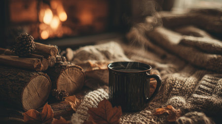 A serene autumn scene featuring a steaming coffee mug placed on a warm knit blanket beside a crackling fireplace, inviting feelings of relaxation and comfort.の素材