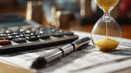 Close-up view of an hourglass beside a calculator and pen on a financial document, symbolizing the importance of time management in business and finance.の素材