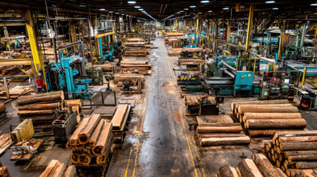 A vast industrial wood processing plant showcasing logs and machinery, highlighting the intricate workflow of timber preparation and processing in a modern facility.の素材