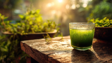 A tranquil scene featuring a refreshing green drink on a rustic wooden table bathed in sunlight, surrounded by lush greenery, perfect for evoking feelings of relaxation and wellness.の素材
