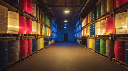 A vibrant industrial storage area featuring brightly colored barrels lined on wooden shelves, showcasing a well-organized and visually striking environment.の素材
