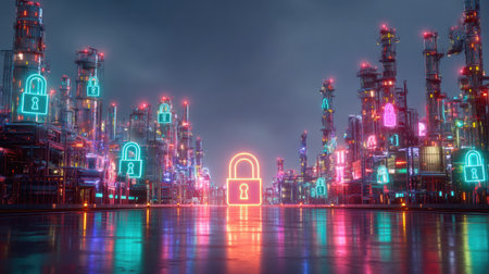 This vibrant futuristic cityscape features neon locks, illuminating a modern urban environment. The colorful scene merges security concepts with a stunning aesthetic.の素材