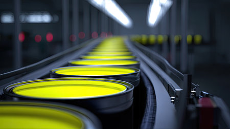 Yellow paint cans move along a conveyor belt in a modern factory. The image captures the intricacies of industrial production and emphasizes efficiency.の素材