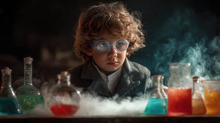 A young scientist deeply focused on colorful chemical experiments in a laboratory. Surrounded by glassware and smoke, the child embodies curiosity and creativity.の素材