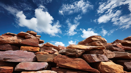 Beautiful arrangement of colorful natural rocks against a bright blue sky filled with fluffy white clouds. Perfect for nature themes or landscape projects.の素材