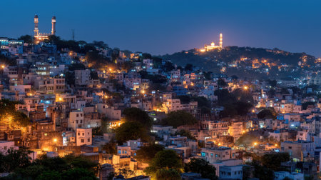 A stunning night view of an urban landscape showcasing historic monuments and illuminated buildings on a hill, capturing the vibrant ambiance of city life.の素材