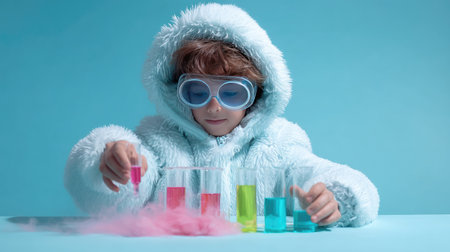 A young scientist in a fluffy coat engages in a colorful chemistry experiment. The child wears safety goggles and carefully mixes vibrant liquids, showcasing curiosity and exploration in a fun educational setting.の素材