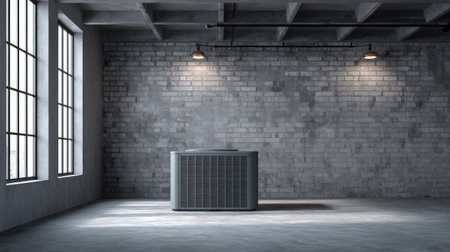 This image showcases a modern air conditioning unit in a minimalist industrial space, highlighting its sleek design against a textured gray wall and warm lighting.の素材