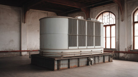 A striking industrial machine stands in an abandoned factory setting, capturing the essence of vintage architecture and mechanical grandeur with natural light streaming in through large windows.の素材