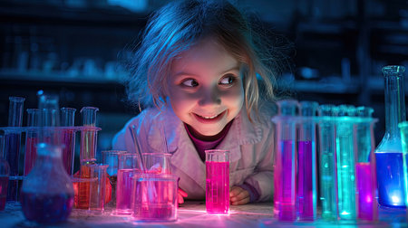 A joyful child explores a science lab filled with colorful liquids. Her excitement and curiosity shine through as she engages with experiments and discovery.の素材