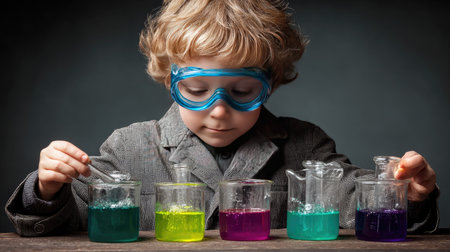 A young child in goggles engages in a colorful chemistry experiment using beakers filled with vibrant liquids. This playful scene showcases curiosity and learning in a lab setting.の素材