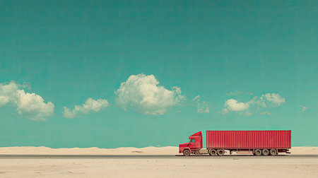 A striking red truck travels along an empty desert road under a bright blue sky with fluffy white clouds, symbolizing solitude and adventure.の素材