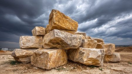 A dramatic pile of large rocks against a stormy sky, showcasing the beauty of nature's formations and textures in a rugged outdoor landscape.の素材