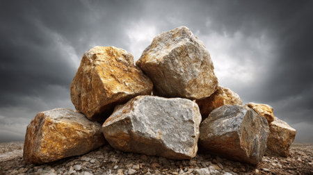 A striking image of a pile of rough stones against a dark clouded sky, showcasing the textures and natural formations of geology in a dramatic outdoor setting.の素材
