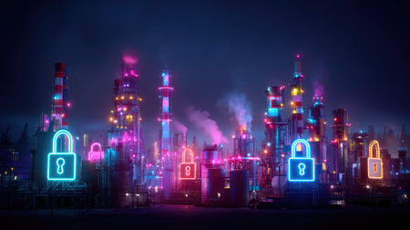 A captivating neon-lit industrial scene featuring vibrant colors and security symbols, illustrating a blend of technology and modernity in an urban setting.の素材
