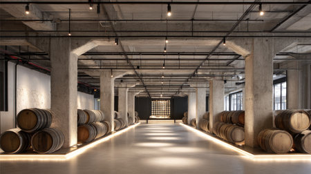 This stunning modern winery interior features oak barrels and an industrial design, perfect for showcasing wine production and tasting experiences.の素材