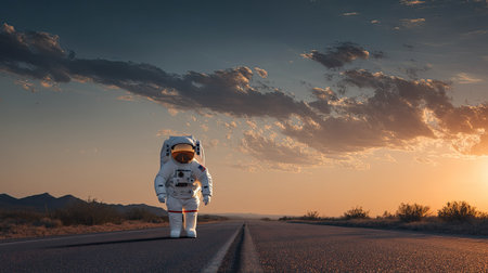 A solitary astronaut walks on a deserted highway, surrounded by stunning desert landscapes and a breathtaking sunset, evoking feelings of exploration and tranquility.の素材