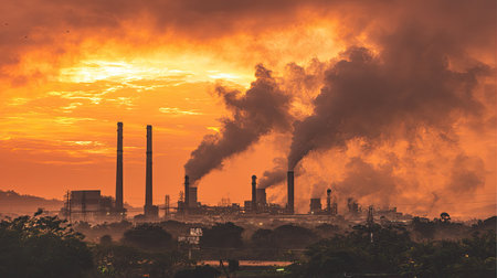 Dramatic industrial scene showcasing factories emitting smoke against a vibrant sunset. This image reflects the intersection of industry and environment, emphasizing the impact of pollutants on air quality.の素材