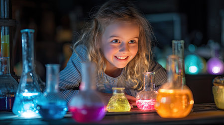 A young girl joyfully engages in a colorful chemistry experiment in a captivating laboratory setting, showcasing her curiosity and passion for science.の素材