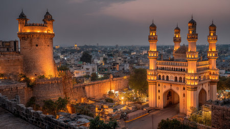 Experience the stunning blend of heritage architecture and modern city life at twilight in Hyderabad, showcasing beautiful illuminated structures and vibrant scenery.の素材