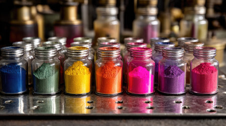 A serene display of colorful jars filled with various pigments and powders. Ideal for artists seeking inspiration and vibrant hues for their creative projects.の素材