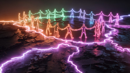 Vibrant neon outlines depict a diverse group of people holding hands, creating a powerful symbol of unity and connection against a striking background.の素材